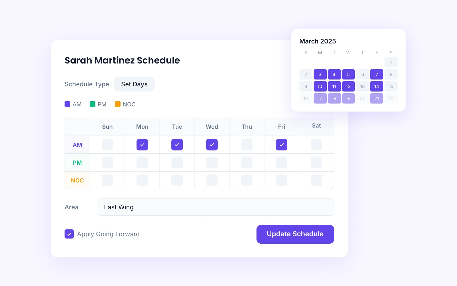 Master schedule view with weekly shift grid, employee rows, and drag-and-drop shift blocks