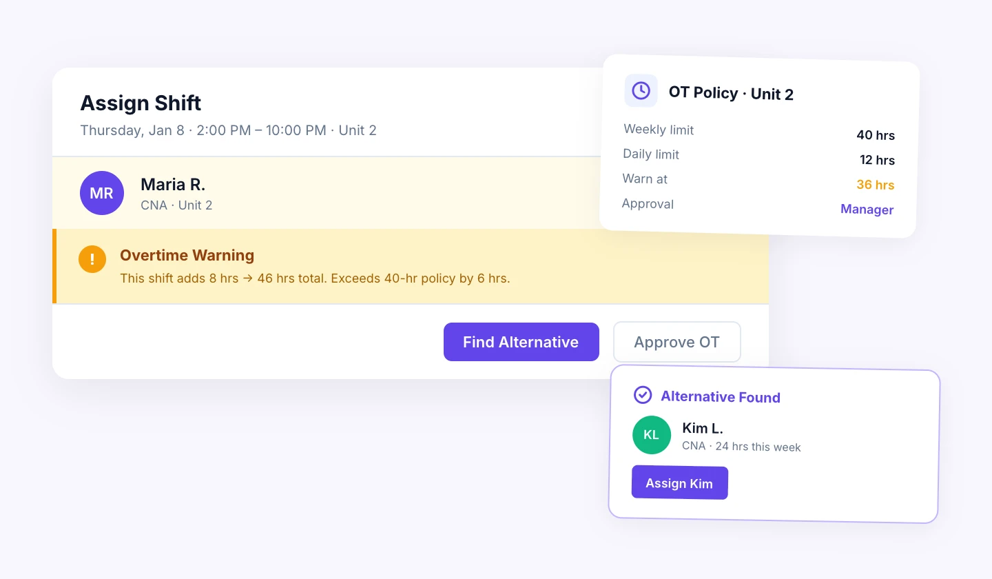 Overtime warning when assigning a shift, showing policy limits and an alternative staff suggestion