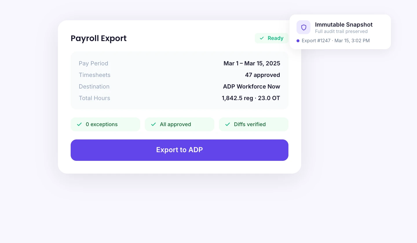 Payroll export snapshot with audit trail